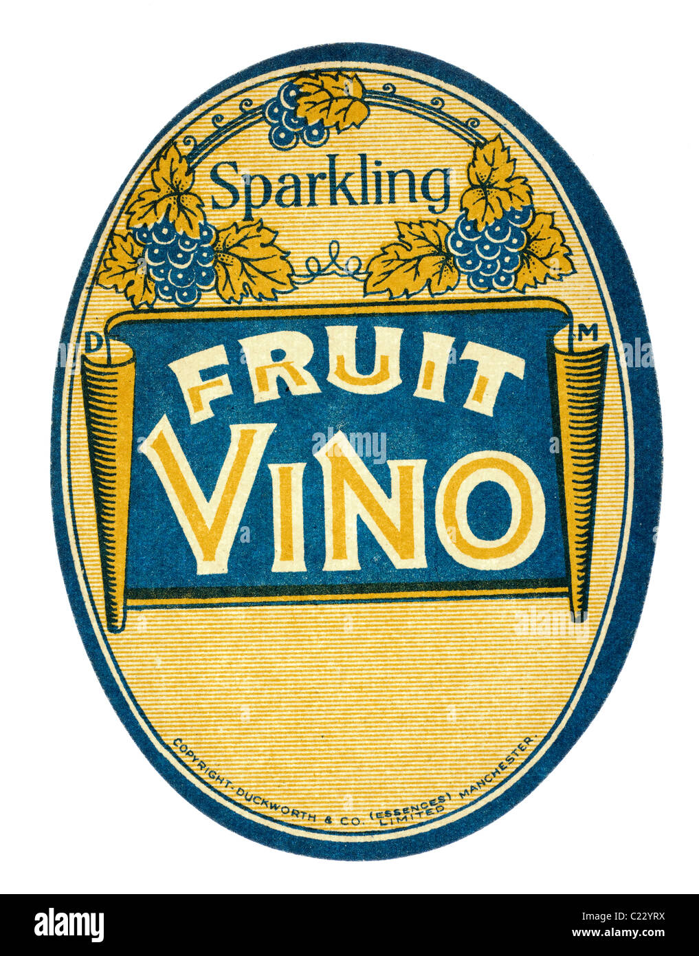 Old paper pop label for Sparkling fruit vino Copyright from Duckworth and Co essences limited Manchester. EDITORIAL ONLY Stock Photo