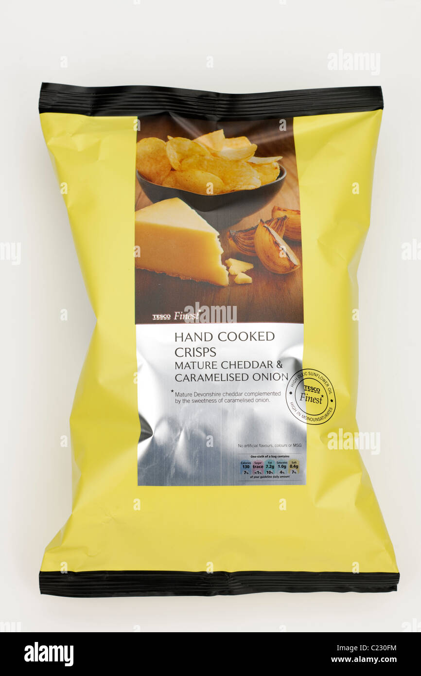 Large packet of Tesco Finest hand cooked cheese and onion crisps Stock Photo