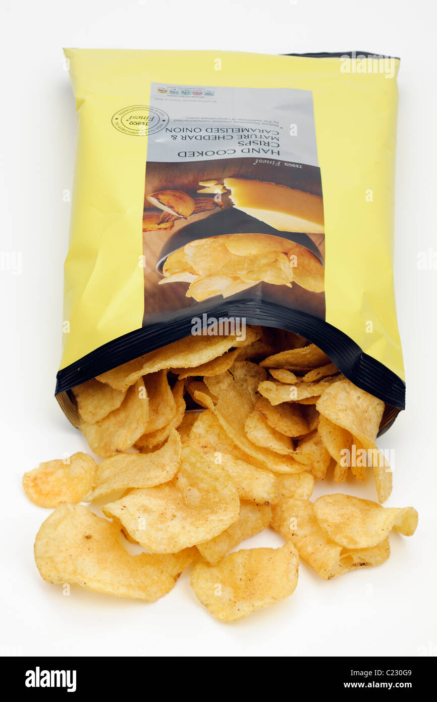 Open packet of Tesco Finest hand cooked cheese and onion crisps Stock