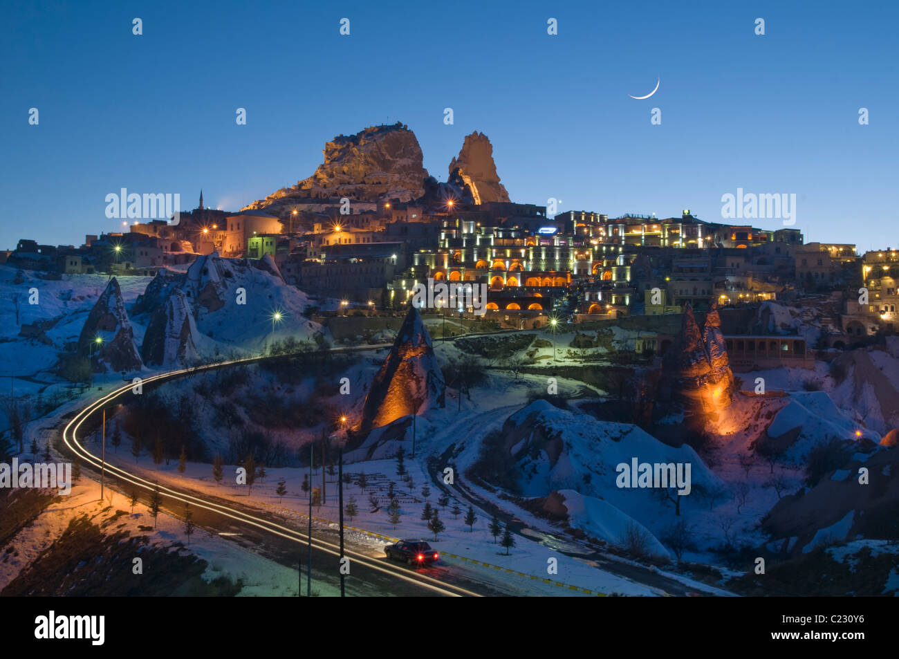 Uçhisar Hill and Castle in the evening in Cappadocia,Central Anatolia of Turkey Stock Photo