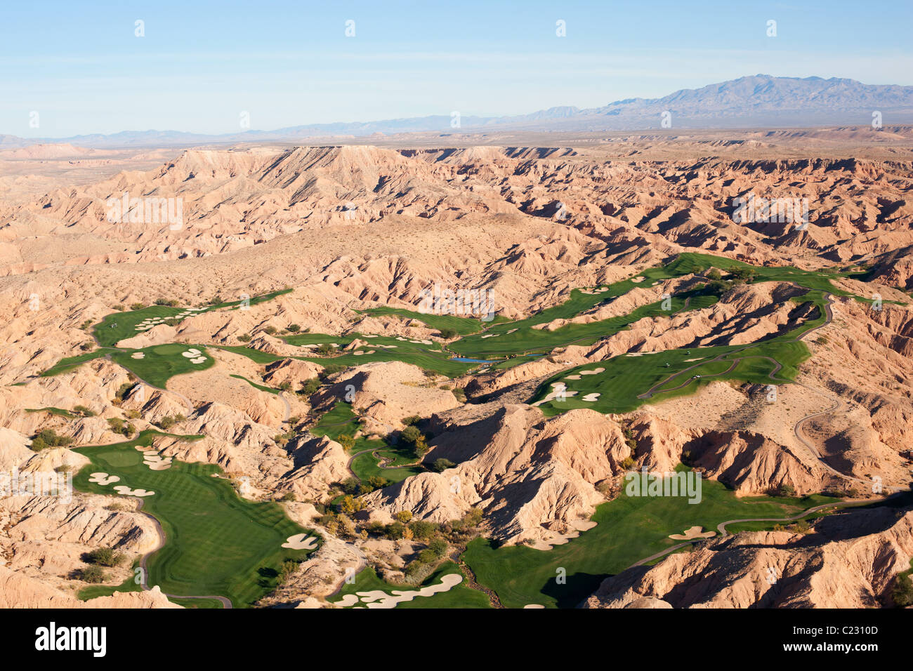 AERIAL VIEW. Golf course in the Mojave Desert. Mesquite, Clark County, Nevada, USA. Stock Photo