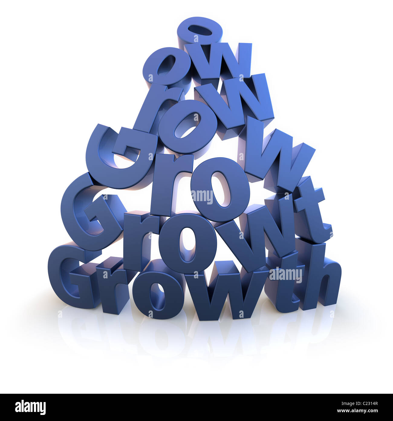 The word Growth as letter pyramid rendered over white with extreme wide-angled lens. Color can be changed easily to your needs. Stock Photo