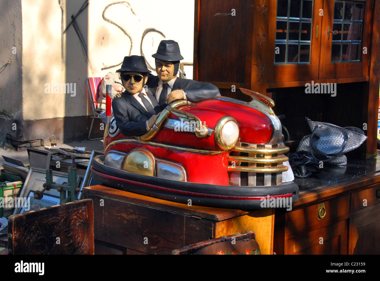 The Blues Brothers in a bumper car, Sunday Flea Market, Kazimierz, City of Krakow, Poland Stock Photo