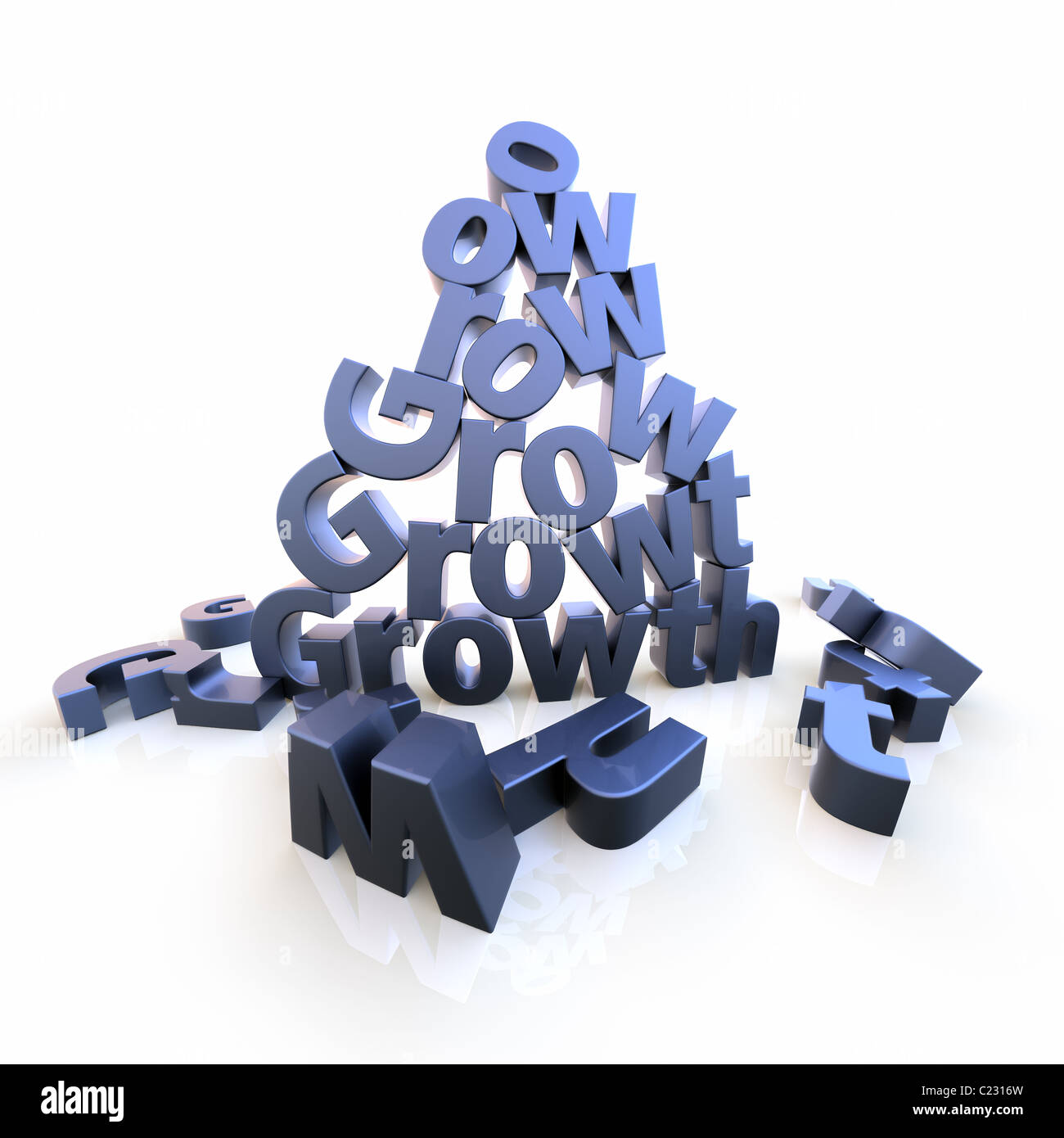 The word Growth as letter pyramid with dropped letters on the floor. Rendered over white with extreme wide-angled lens. Stock Photo