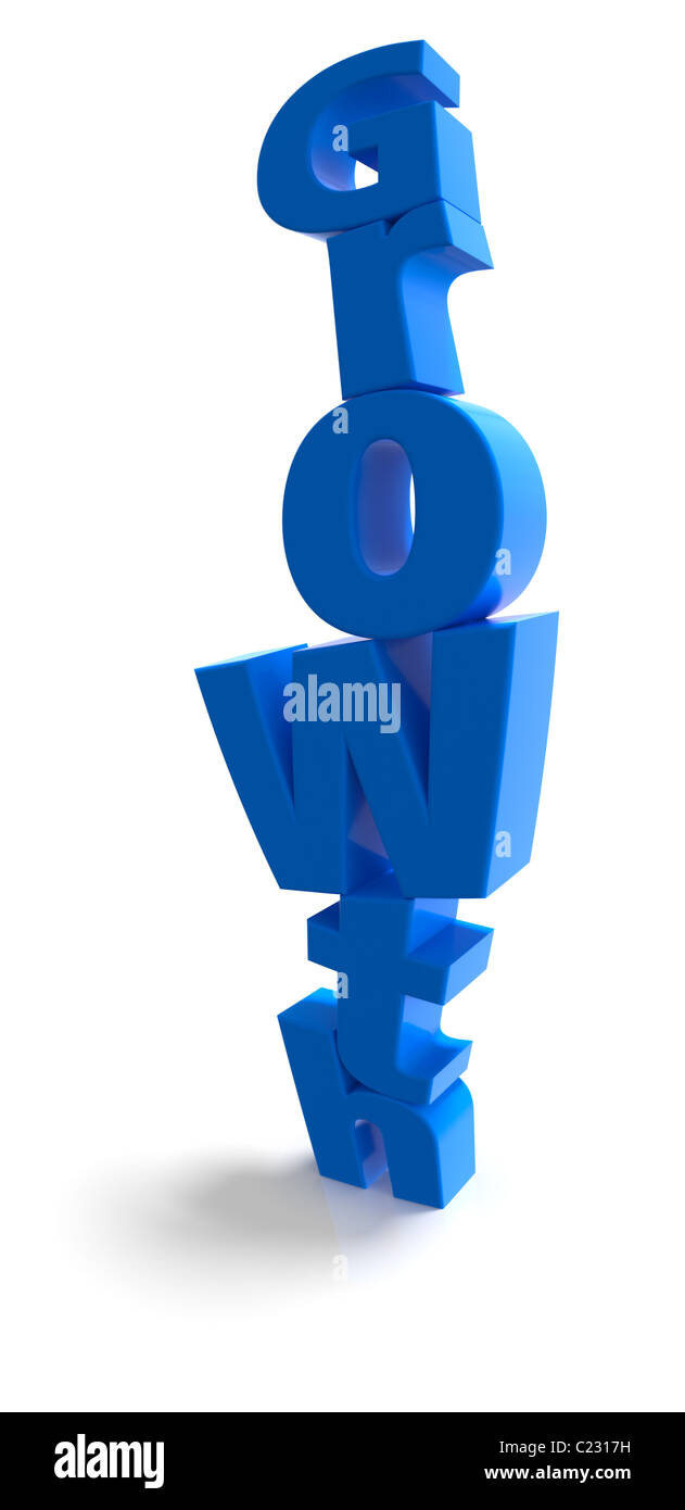 The word Growth as a tower of stacked letters rendered over white with extreme wide-angled lens. Color can be easily adapted to Stock Photo