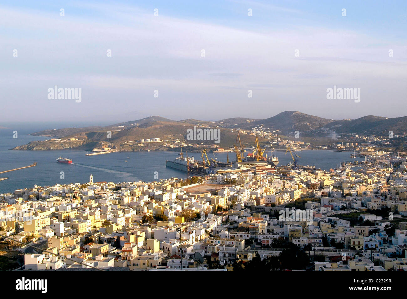 View of Hermoupolis, the capital of Cyclades Island from Ano Syros Stock Photo