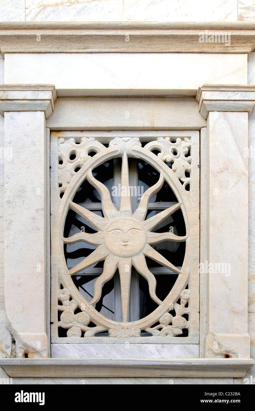 Marble sun at a catholic church in the medieval town of Ano Syros Stock ...