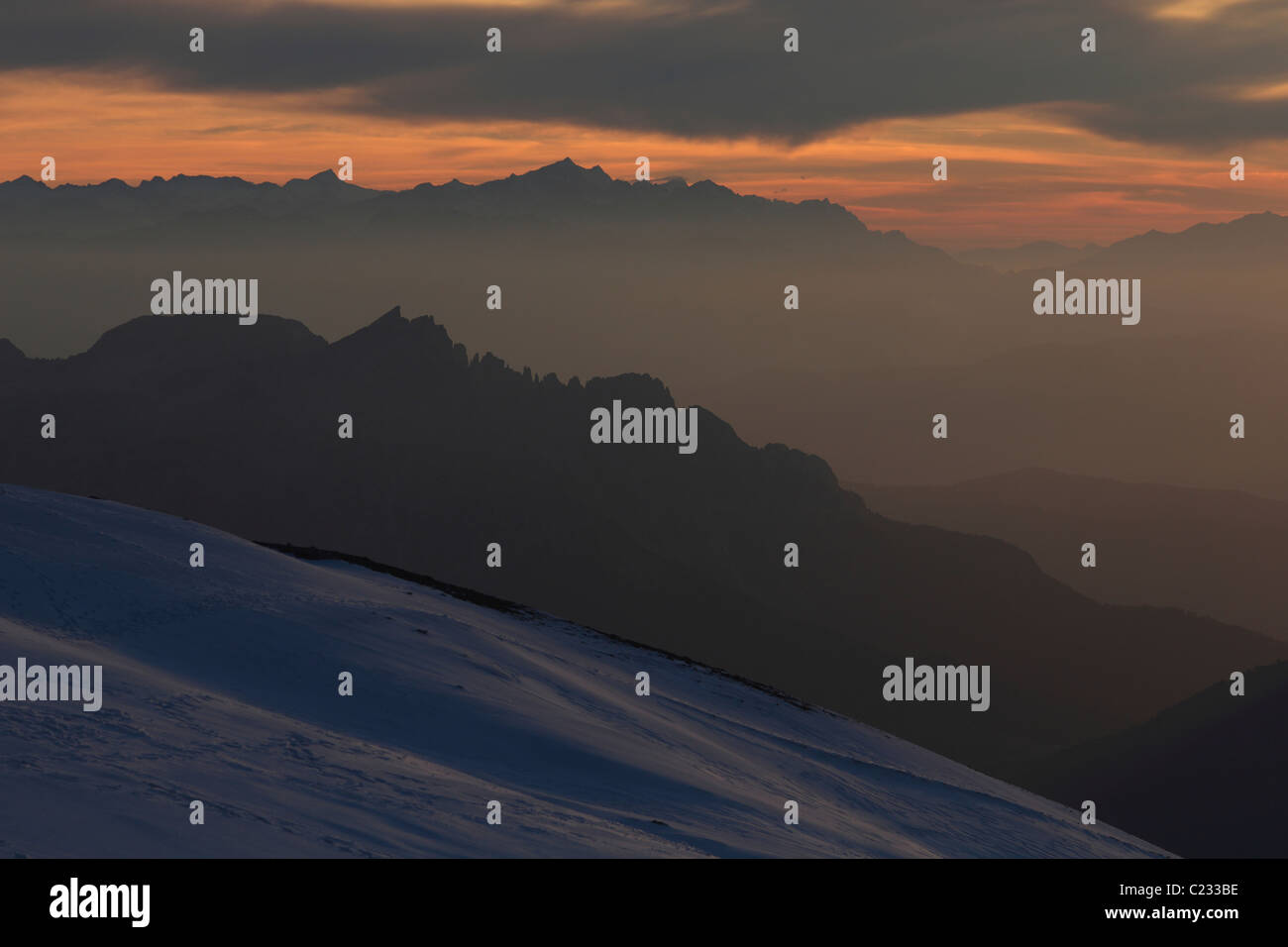 Marmolada Summit:evening view to the West:Italy:Dolomites Stock Photo