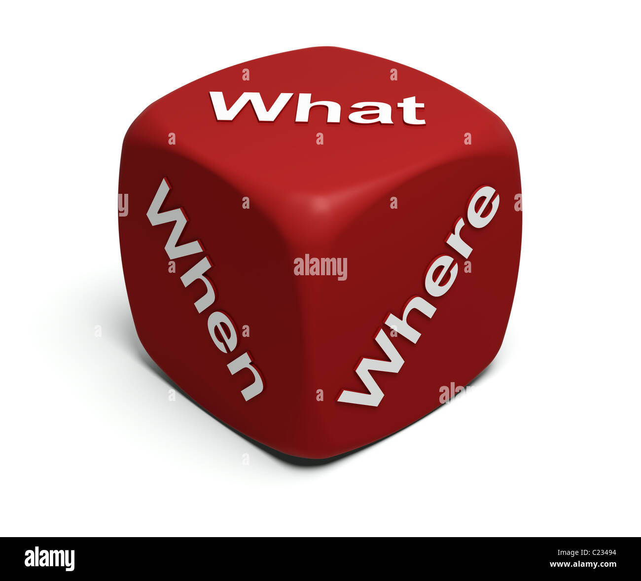 Red Dice with What, When, Where words on faces Stock Photo - Alamy