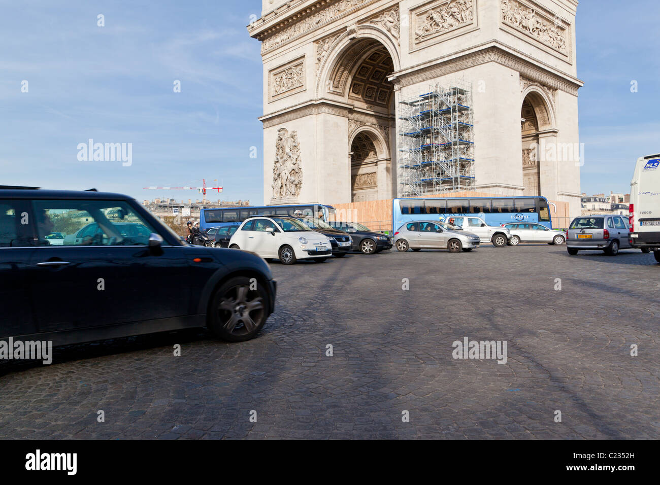 Heavy traffic / traffic jam traffic circle Champs Elysées France, Arc