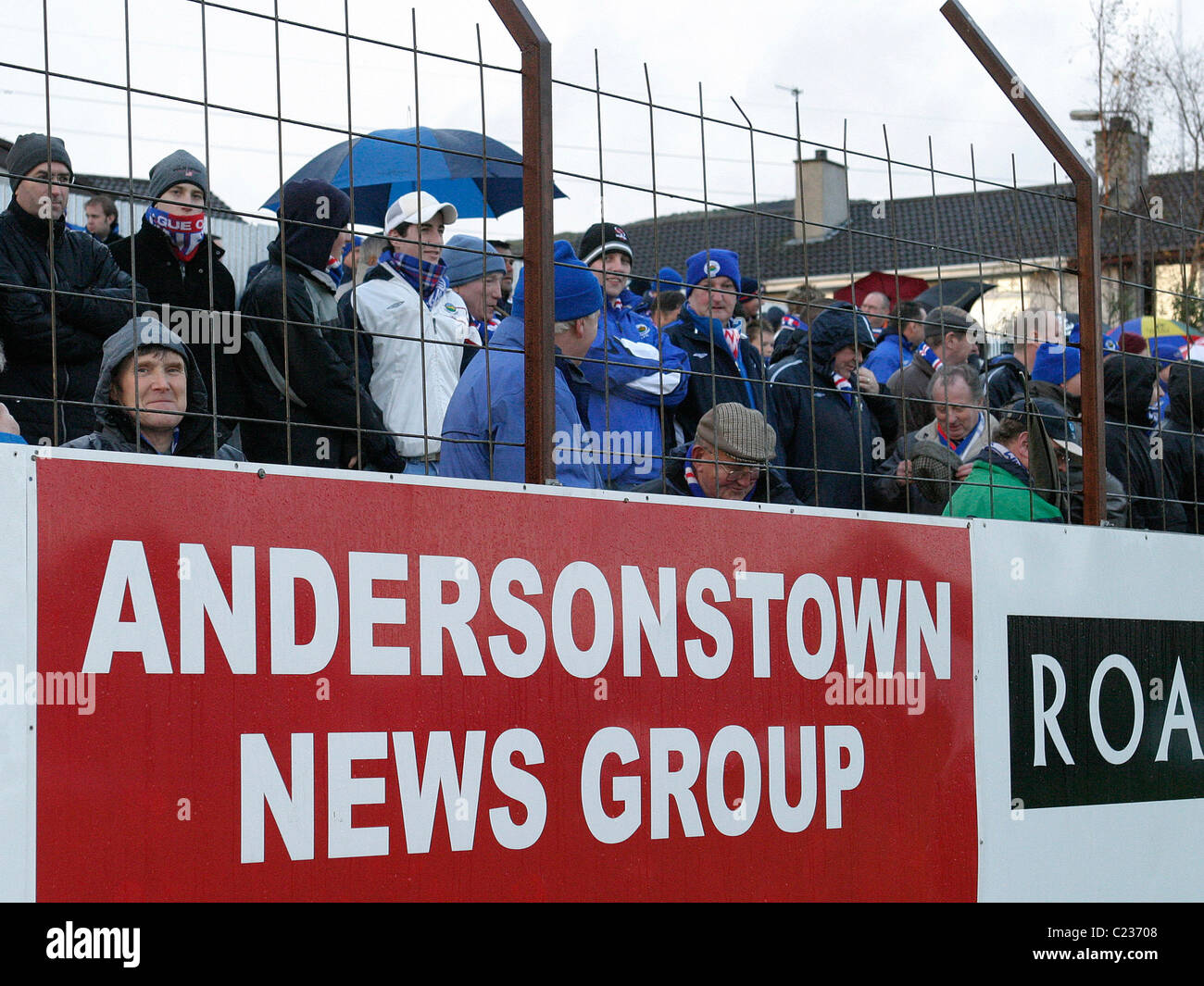 Linfield fans at the the first meeting of Donegal Celtic v Linfield at Donegal Celtics ground in West Belfast. Stock Photo