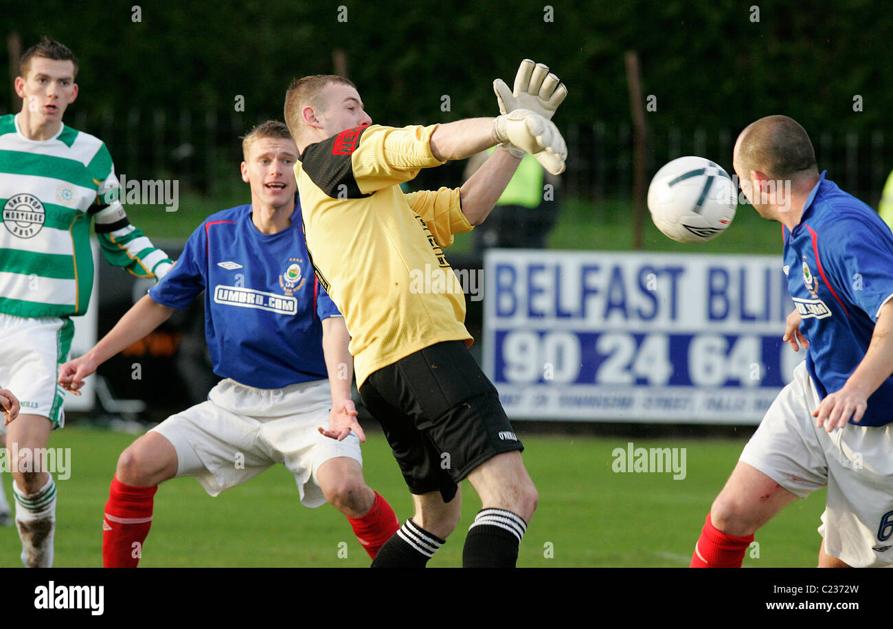 Action from the first meeting of Donegal Celtic v Linfield at Donegal Celtics ground in West Belfast. Stock Photo