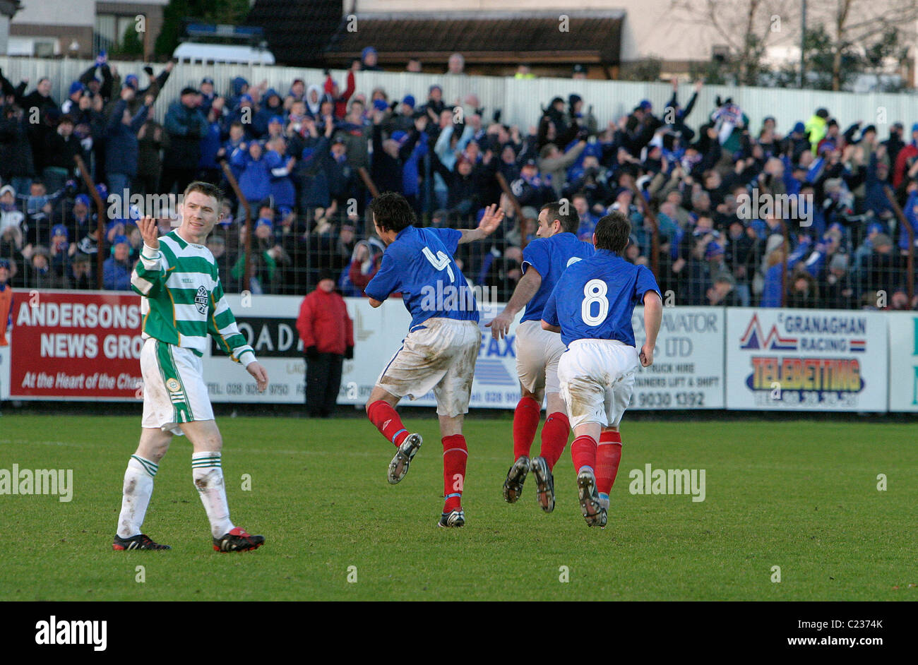 Action from the first meeting of Donegal Celtic v Linfield at Donegal Celtics ground in West Belfast. Stock Photo