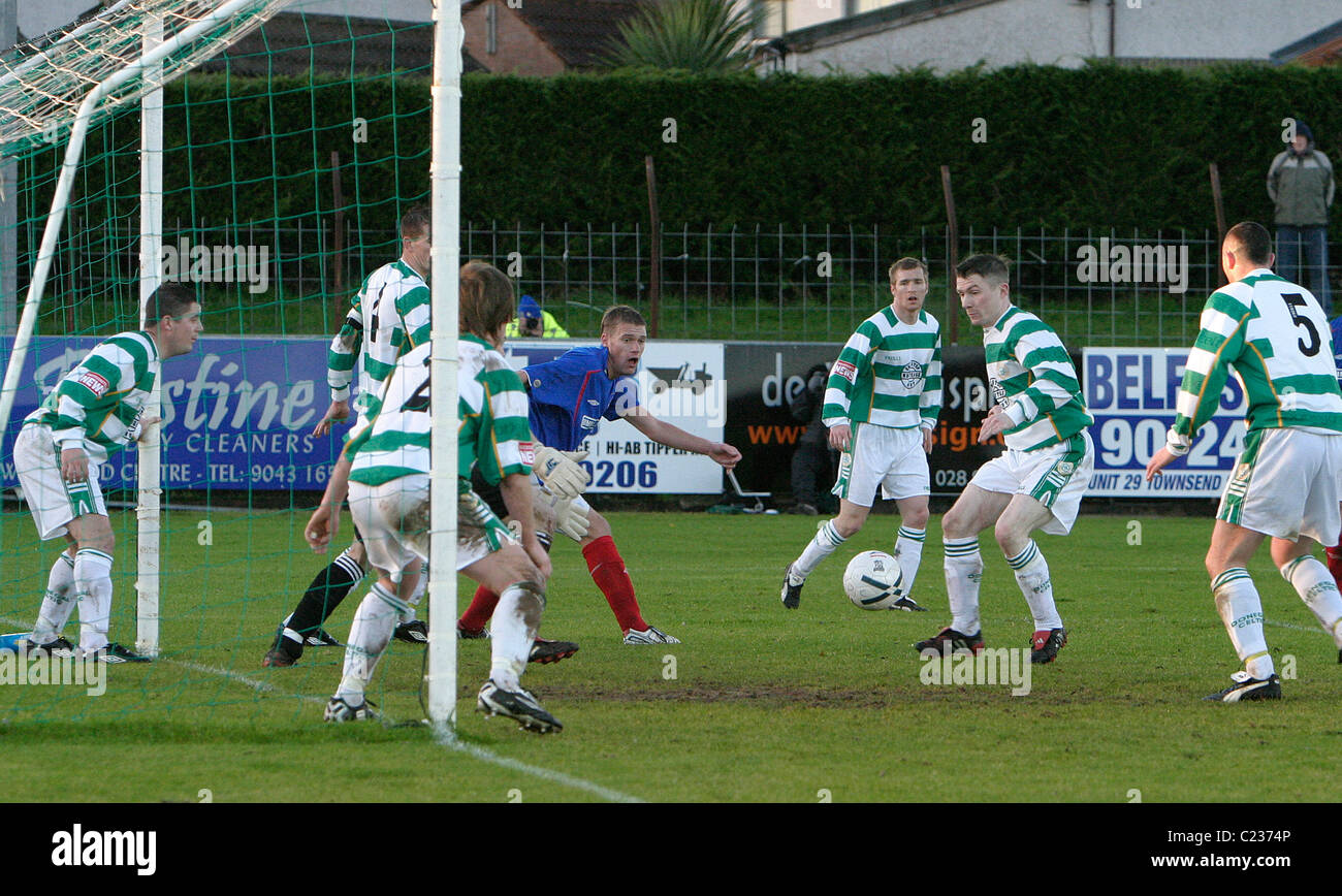 goalmouth Action from the first meeting of Donegal Celtic v Linfield at Donegal Celtics ground in West Belfast. Stock Photo