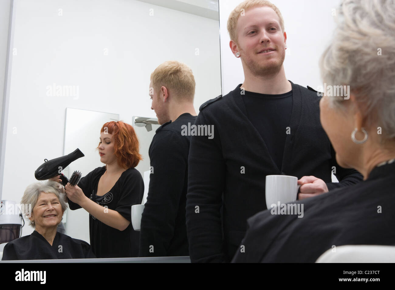 Grey woman blow drying hair hi-res stock photography and images - Alamy