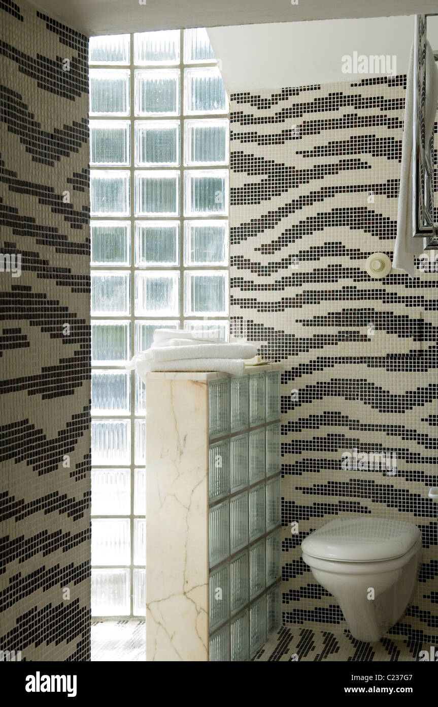 Black and white Bisazza tiles in toilet cubicle with glass bricks Stock