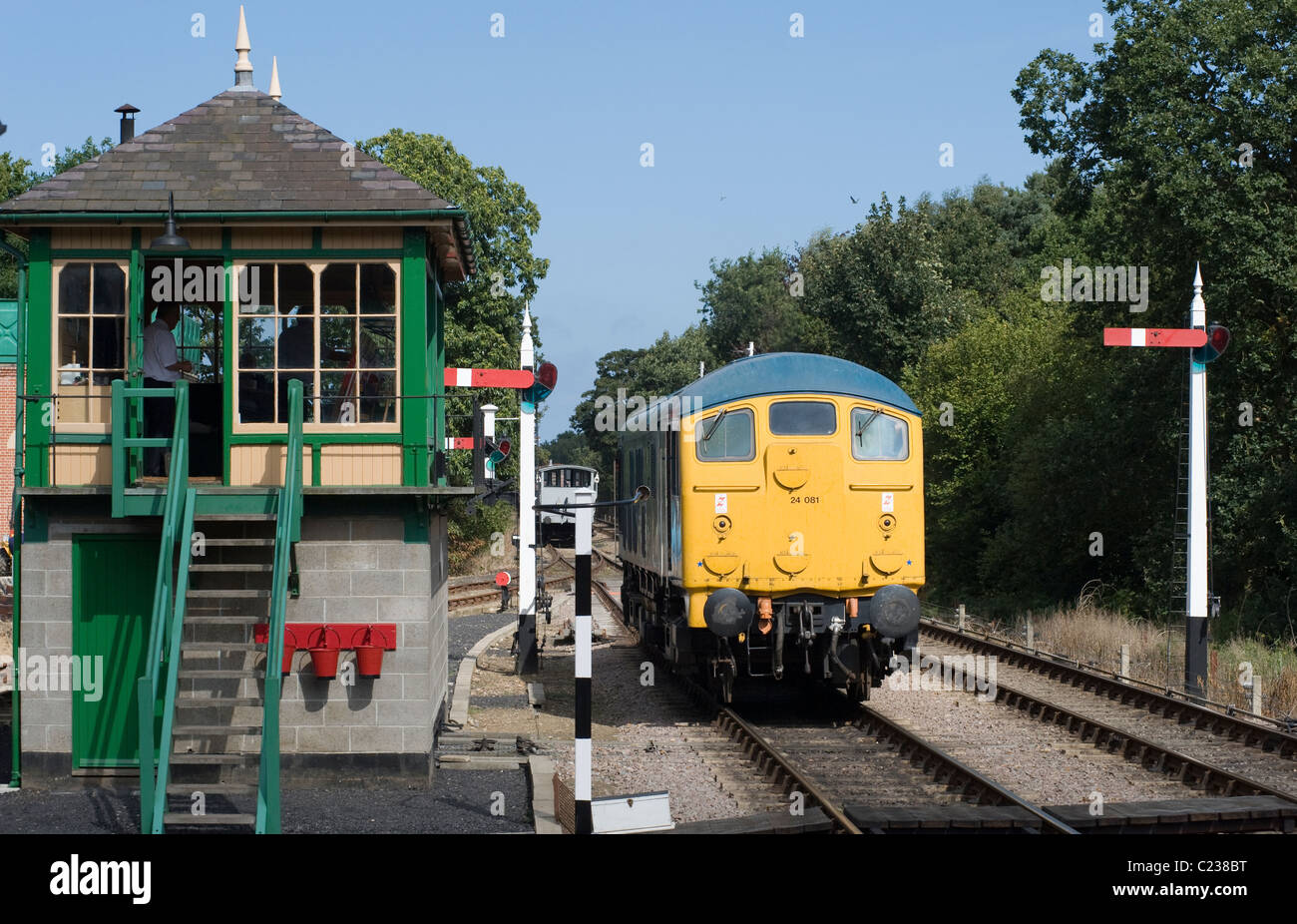 railway engine stops opposite signal box holt norfolk uk Stock Photo