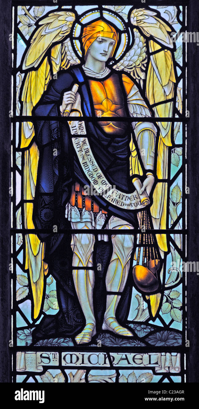 Saint Michael. Detail of  'Great War' window. Church of Saint Martin, Bowness-on-Windermere, Lake District National Park. Stock Photo