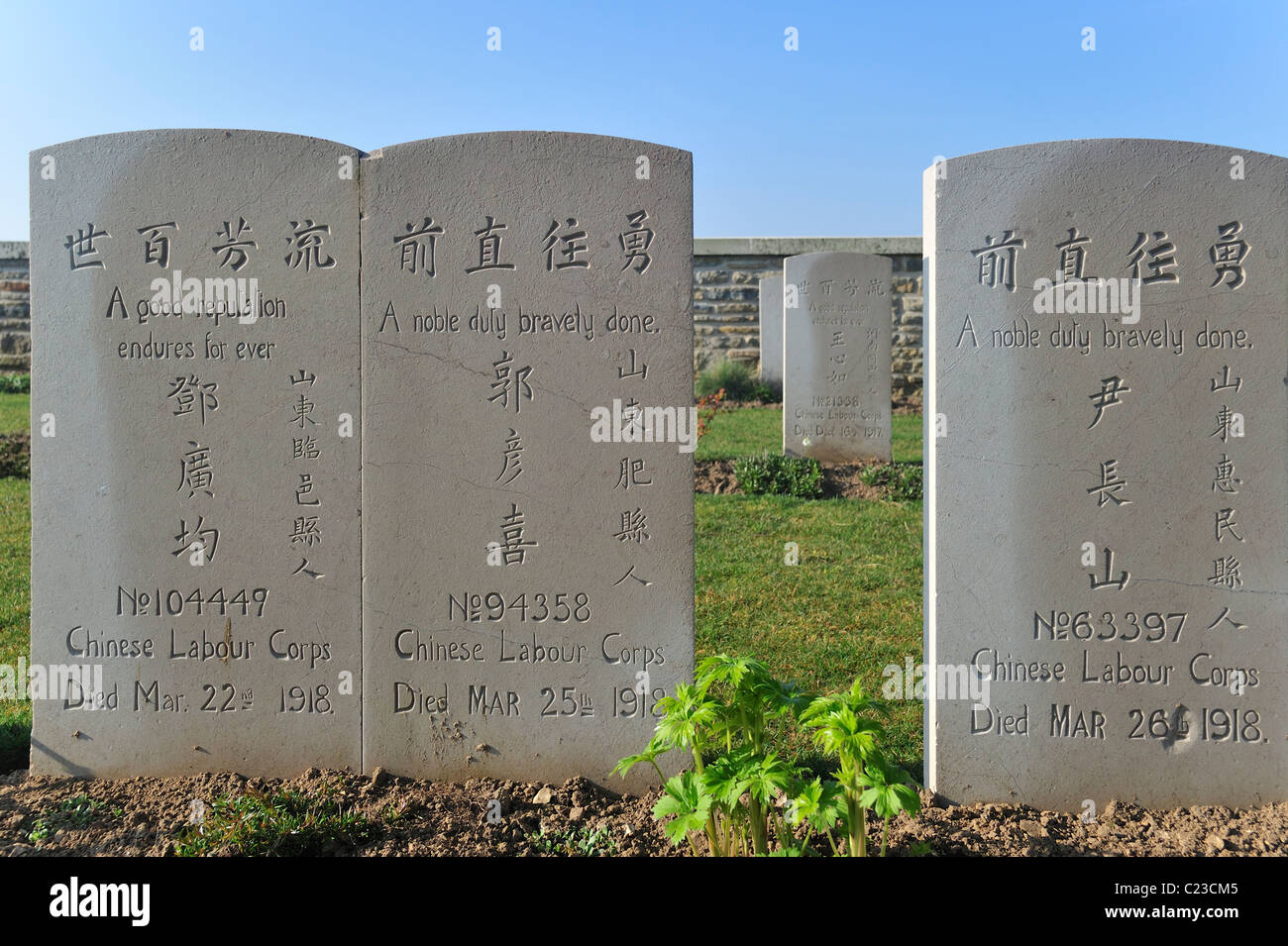 Headstones at First World War One cemetery of Chinese WWI labourers at Noyelles-sur-Mer, Bay of the Somme, Picardy, France Stock Photo