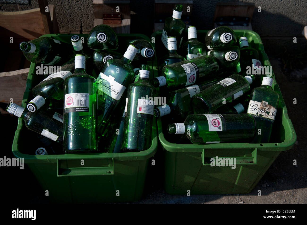 Crates of old green beer bottles ready to be reused at the Ten Green