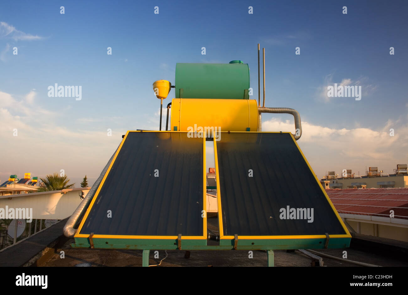 Hot water solar heating systems on rooftop Stock Photo Alamy