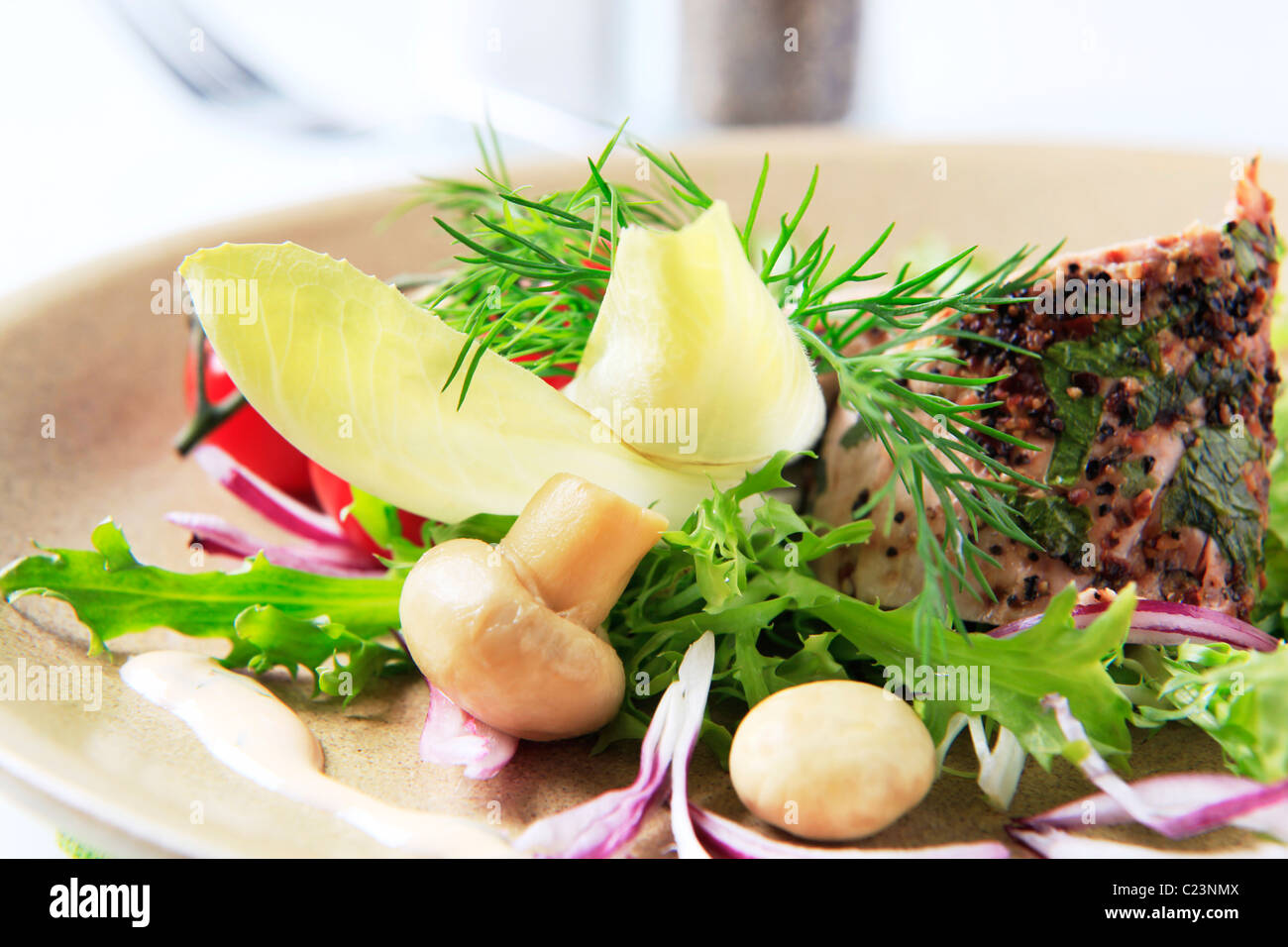 Pickled mushrooms and fresh salad - detail Stock Photo