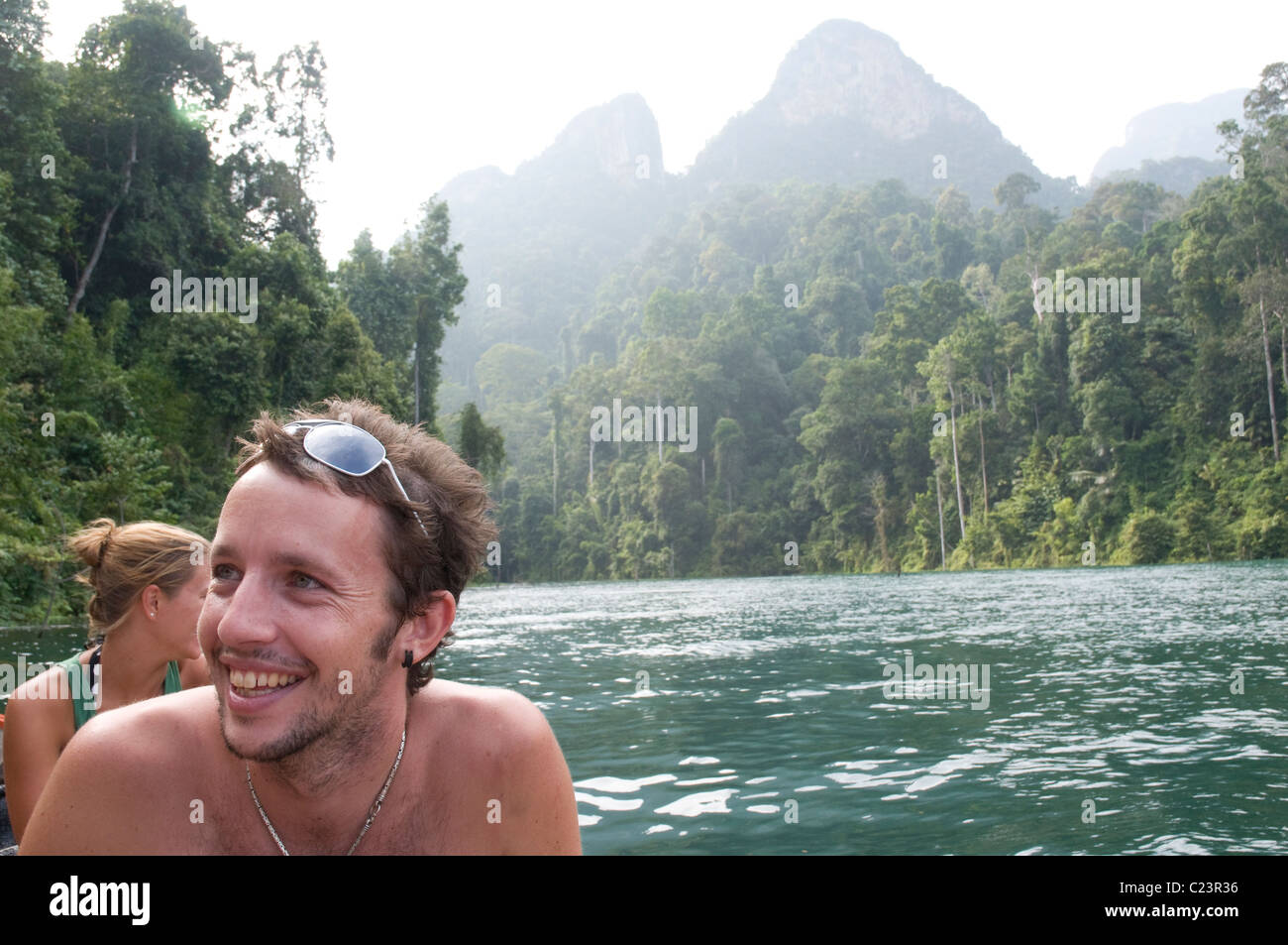 Tourists in a boat, Cheow Larn Lake, Khao Sok National Park, Southern Thailand Stock Photo