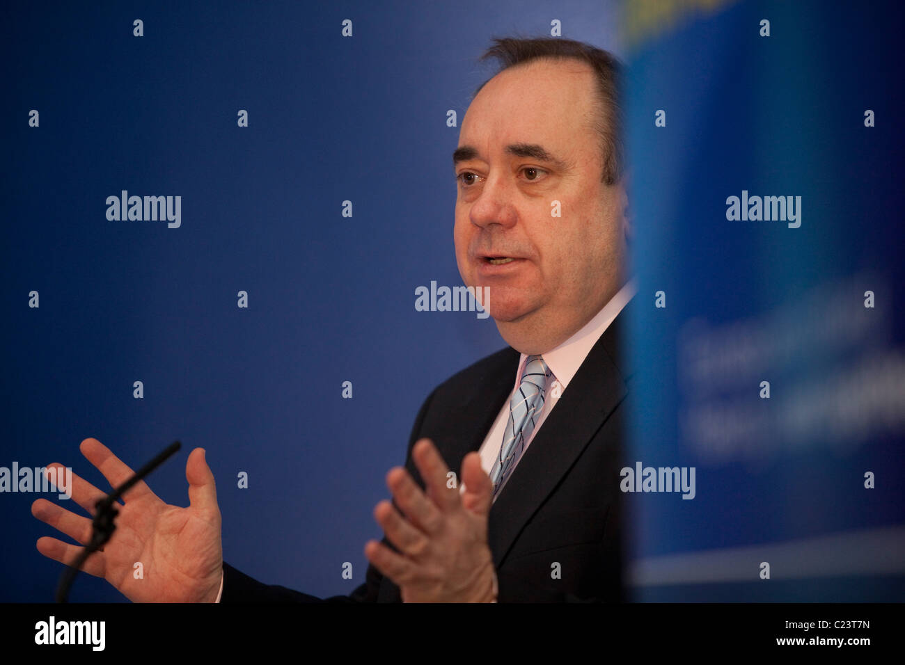 Scotland's First Minister Alex Salmond MSP delivers the  keynote address at the Scottish European Green Energy Centre Conference Stock Photo