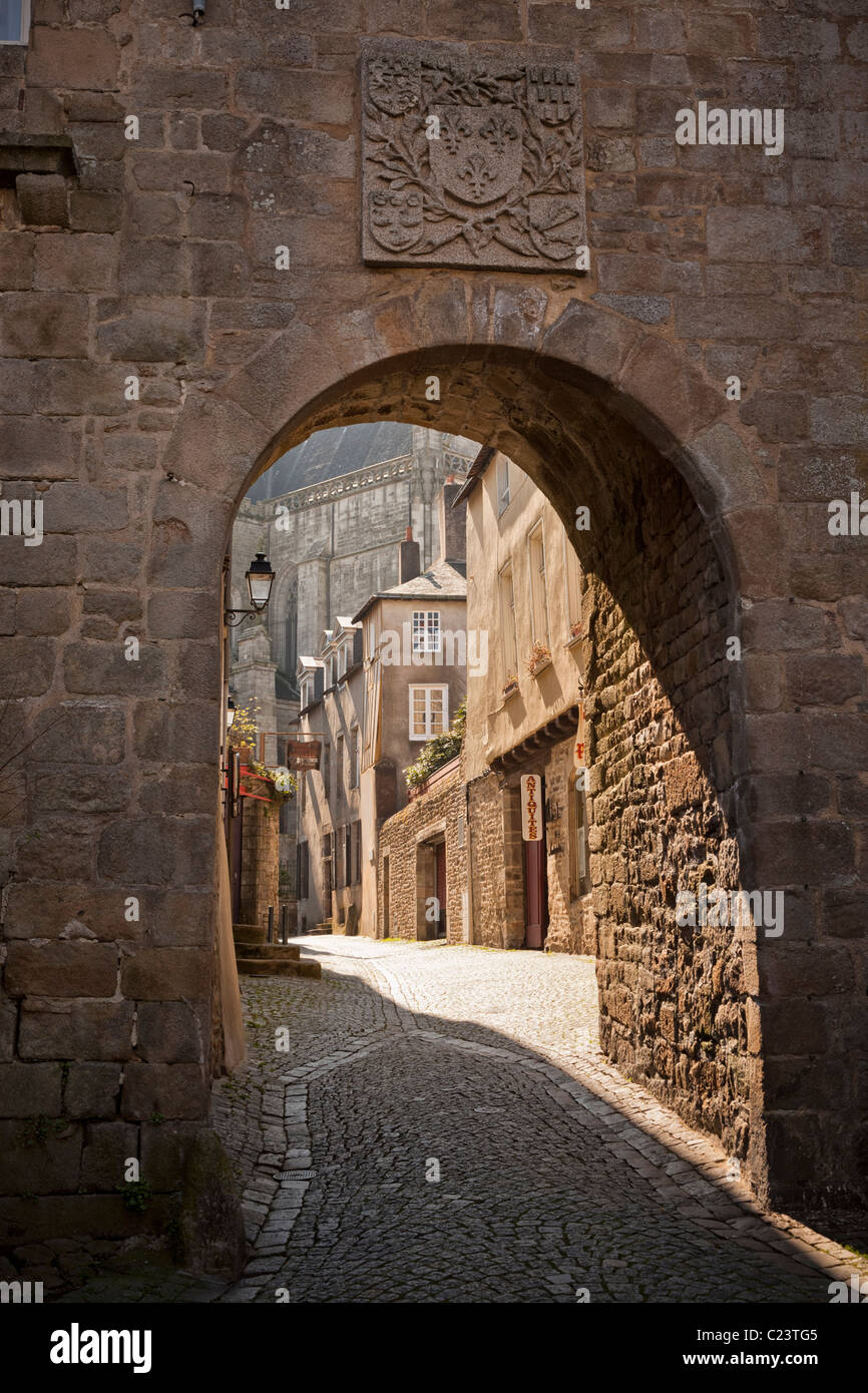 Old medieval street scene in Vannes, Brittany, France, Europe Stock Photo