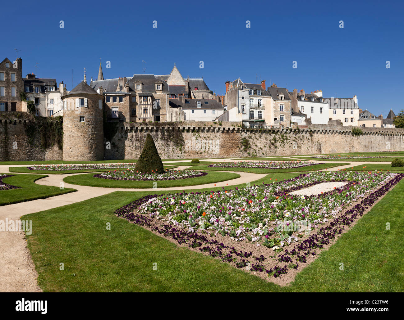Vannes, Morbihan, Brittany, France - City walls, formal gardens and medieval houses Stock Photo