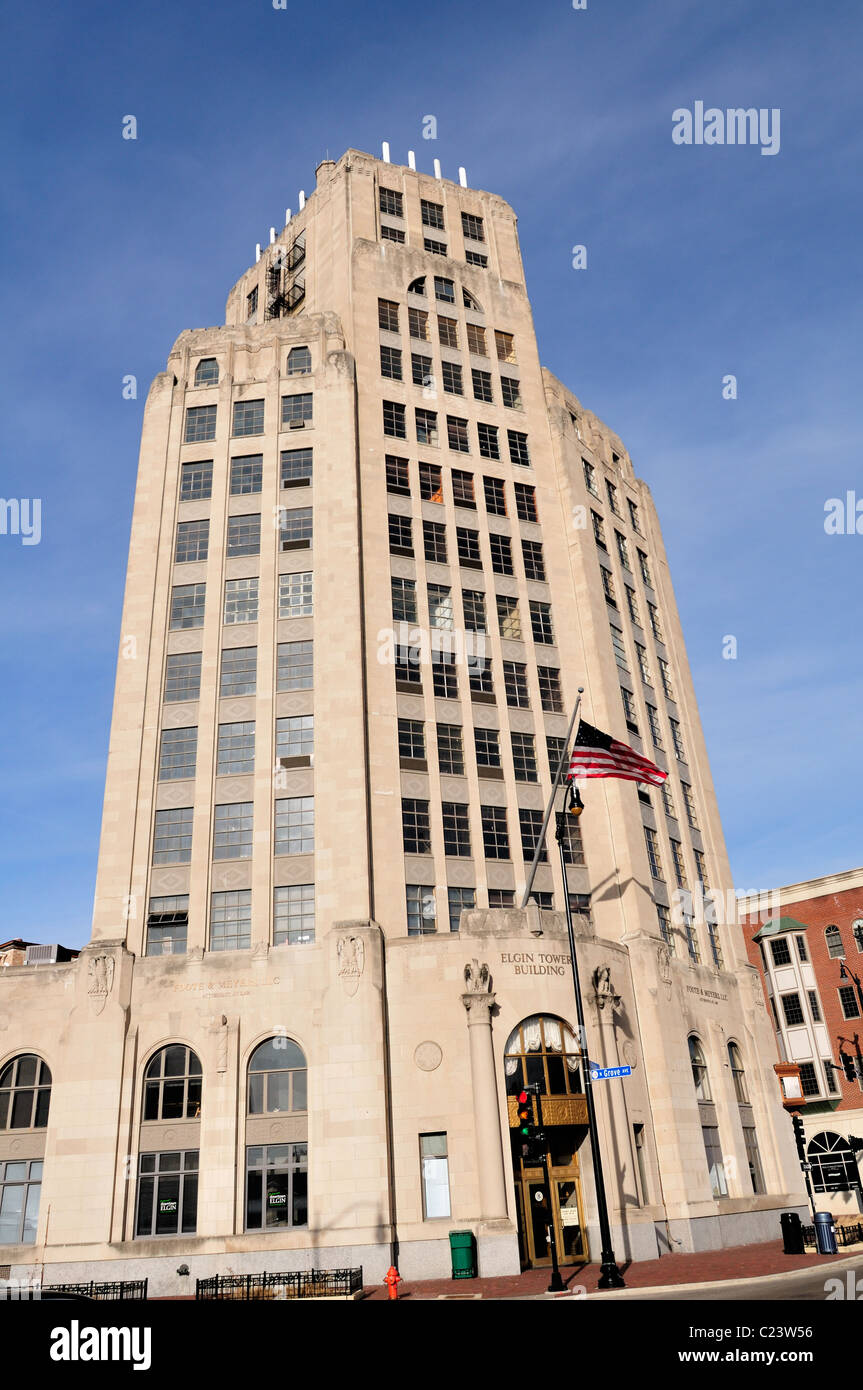 The Elgin Tower Building, built in 1929. The Art Deco style structure, at 15 stories, is the highest building in the city. Stock Photo