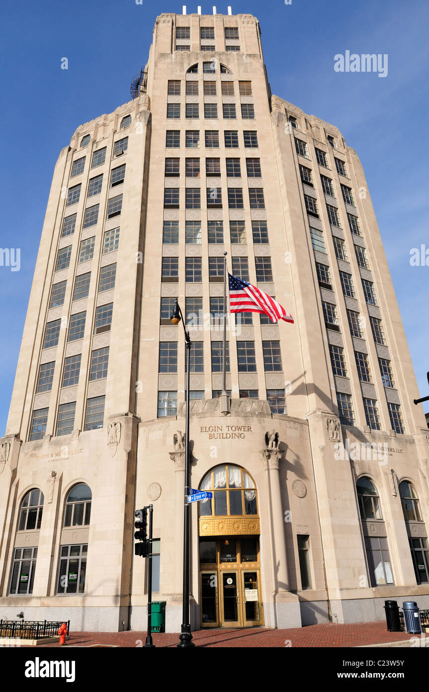 The Elgin Tower Building, built in 1929. The Art Deco style structure, at 15 stories, is the highest building in the city. Stock Photo