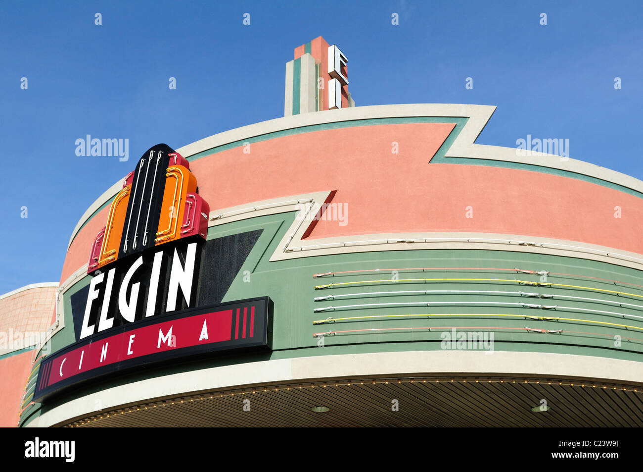 The art deco Elgin Cinema movie theatre. Elgin, Illinois. Stock Photo