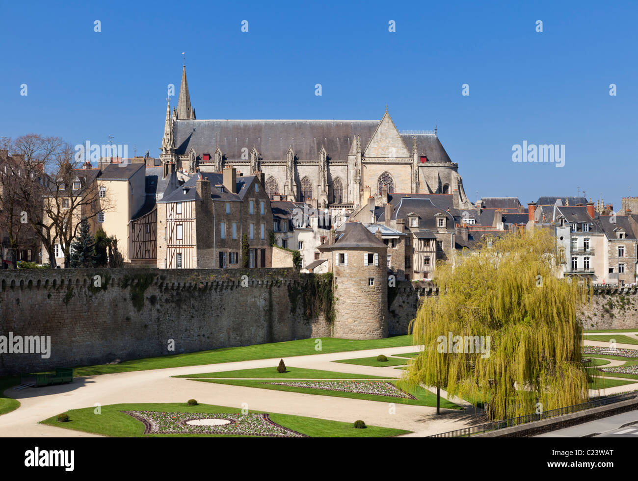 City walls, formal gardens and Cathedral at Vannes, Morbihan, Brittany, France Stock Photo