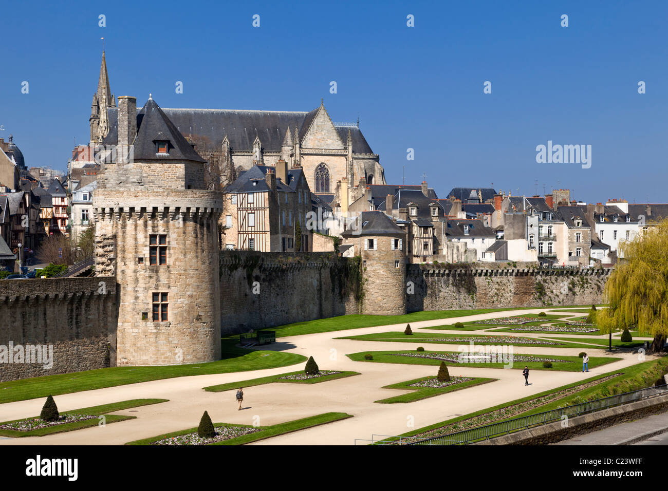 City walls, urban park gardens, Connetable Tower and Cathedral at Vannes, Morbihan, Brittany, France Stock Photo
