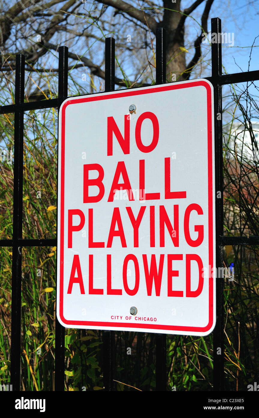 No ball playing sign on a gate at the oldest house in Chicago, the Clarke House, Chicago Illinois, USA. Stock Photo