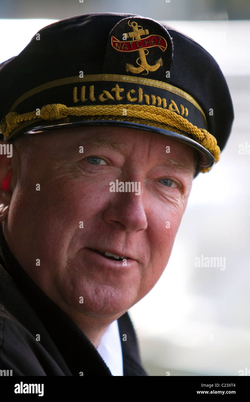 Watchman crew member of the SS. Natchez steamboat on the Mississippi River at New Orleans, Louisiana, USA. Stock Photo