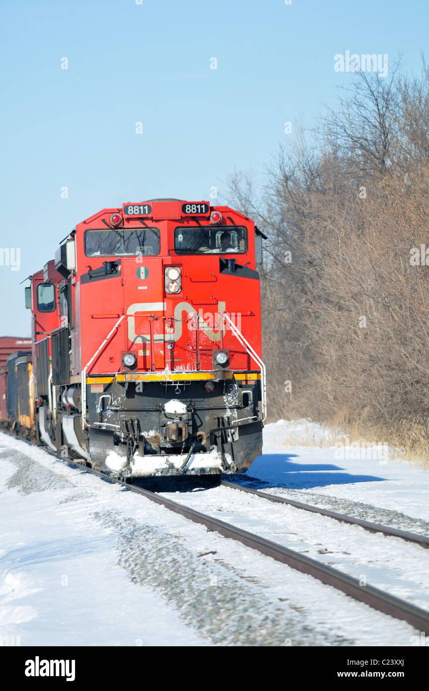 Unit 8811 heads up two Canadian National Railway locomotives on a cold winter day. Bartlett, Illinois, USA. Stock Photo