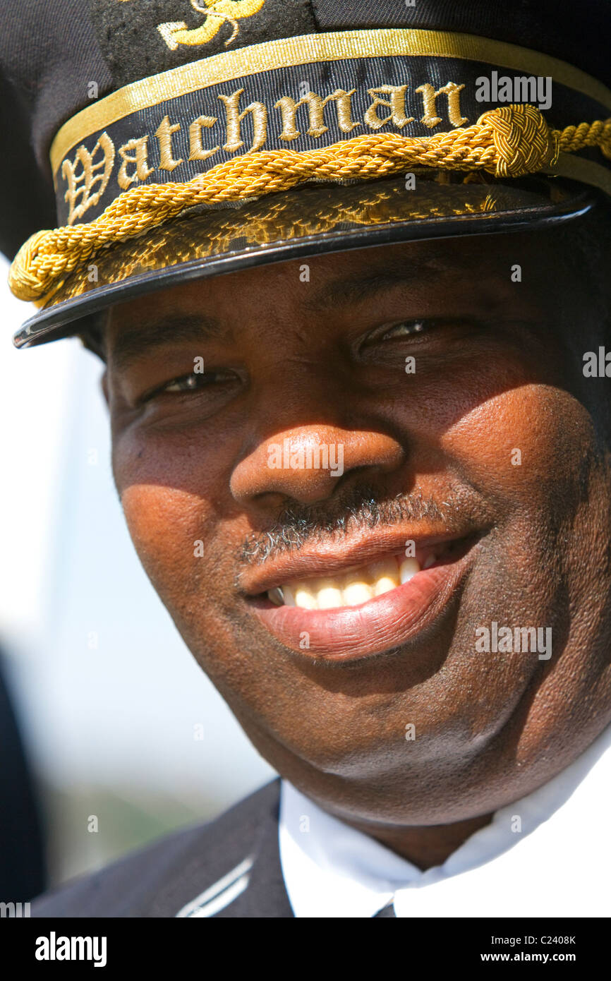 Watchman crew member of the SS. Natchez steamboat on the Mississippi River at New Orleans, Louisiana, USA. Stock Photo