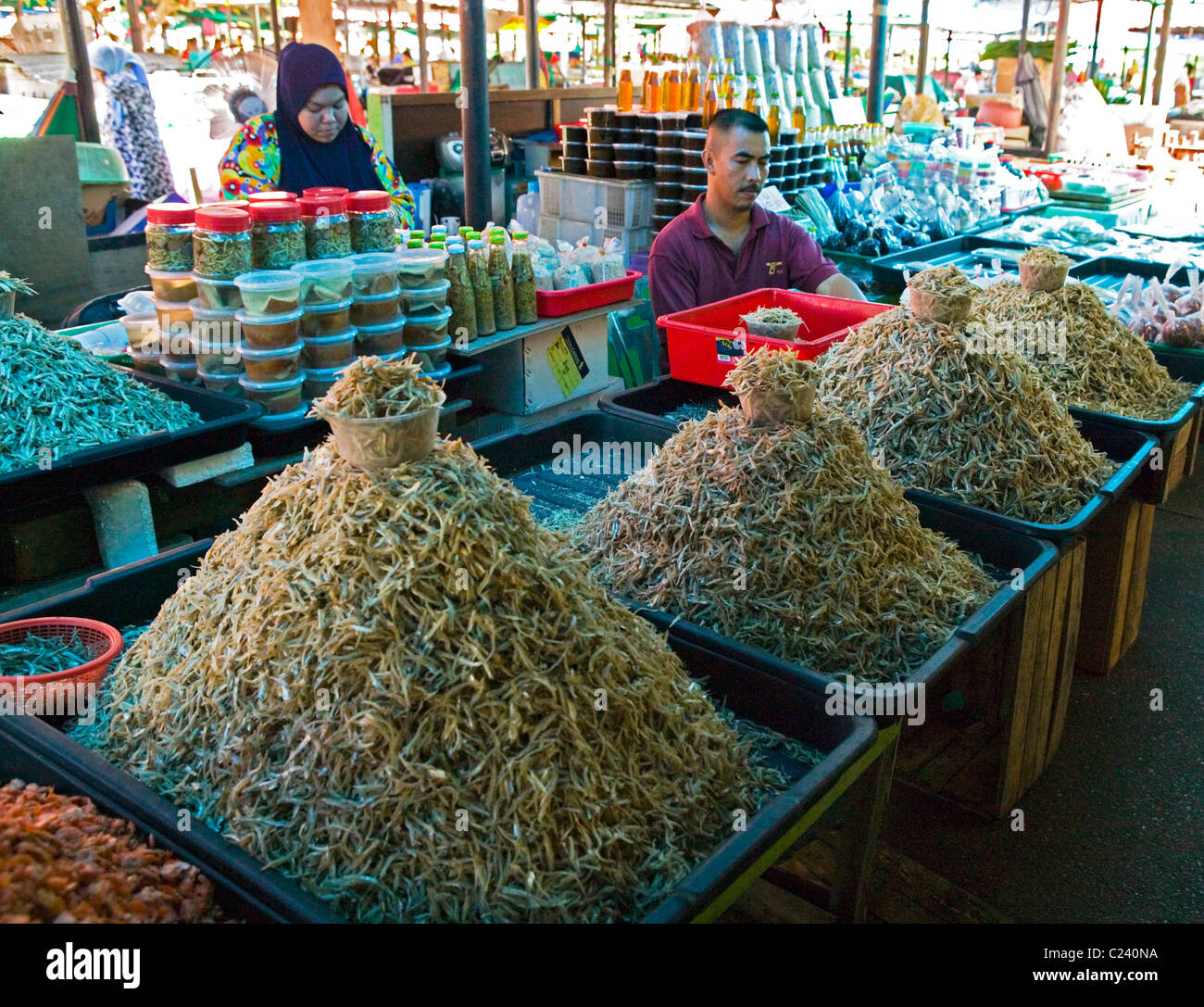 Tamu Kianggeh Market, with food produce neatly laid out. Stock Photo