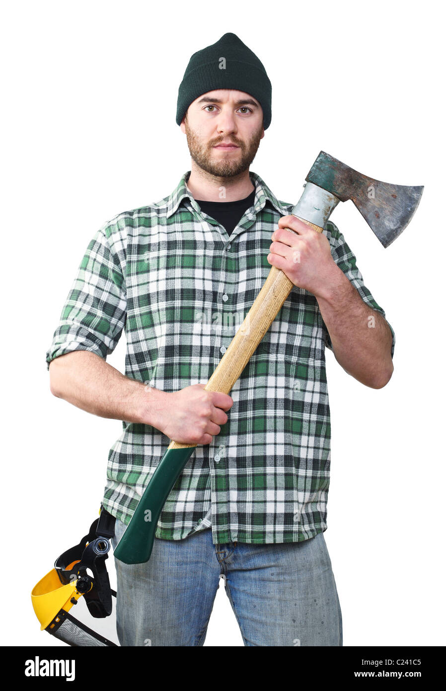 fine portrait of young caucasian lumberjack with axe Stock Photo