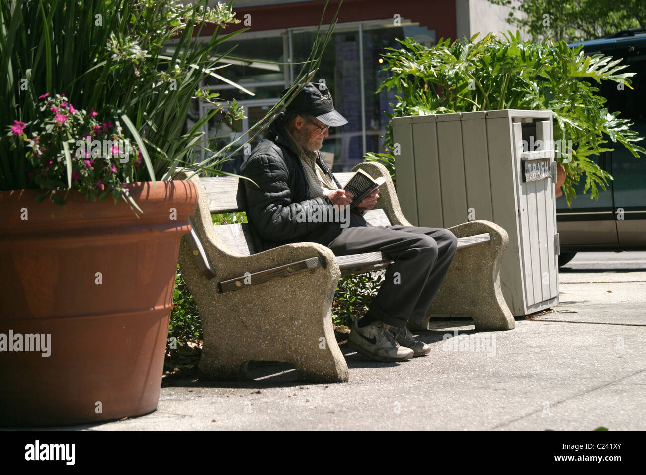 Elderly man sitting on a bench and reading a book Stock Photo - Alamy