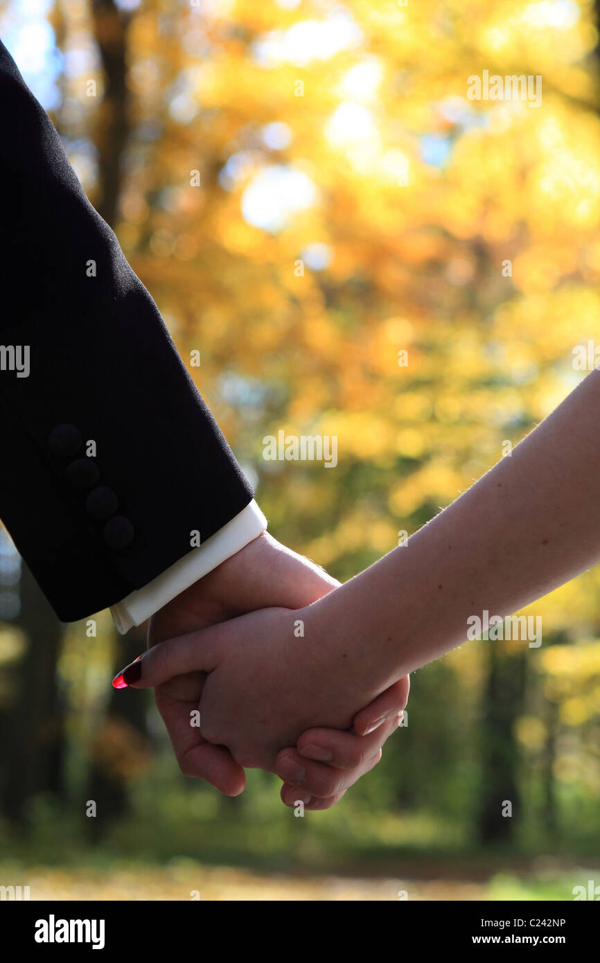 Bride and groom holding hands in the park in the Autumn Stock Photo - Alamy