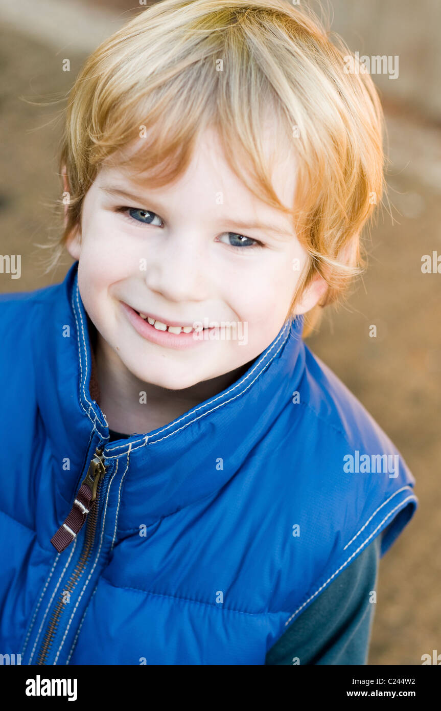 Blond Hair Blue Eyed Boy Aged 4 5 Years Smiling Portrait Stock