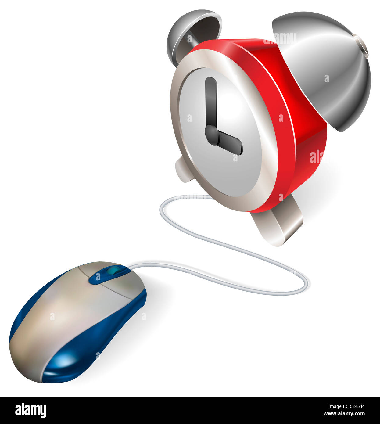 A mouse connected to an alarm clock. Concept for online or electronic