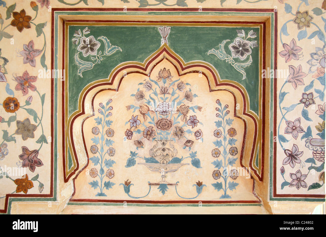 Flower decorations at Sheesh Mahal mirrored hall, Amber Palace, Jaipur, India Stock Photo