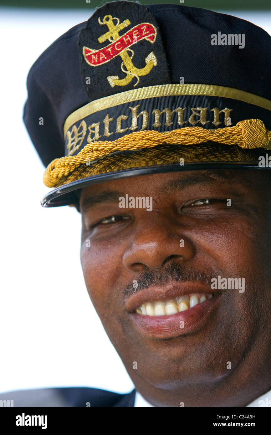 Watchman crew member of the SS. Natchez steamboat on the Mississippi River at New Orleans, Louisiana, USA. Stock Photo