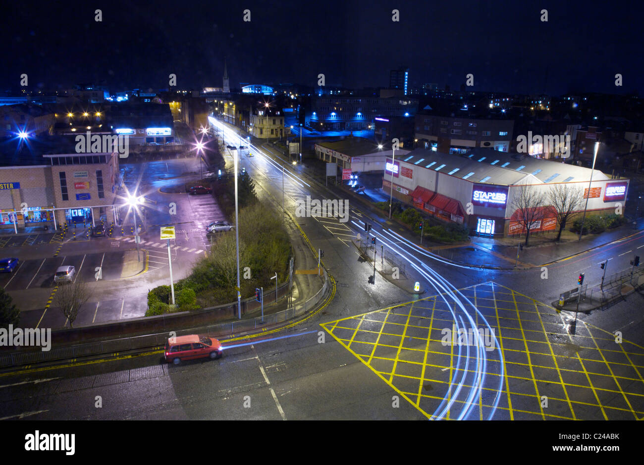 Preston crossroads at night with light trails Stock Photo