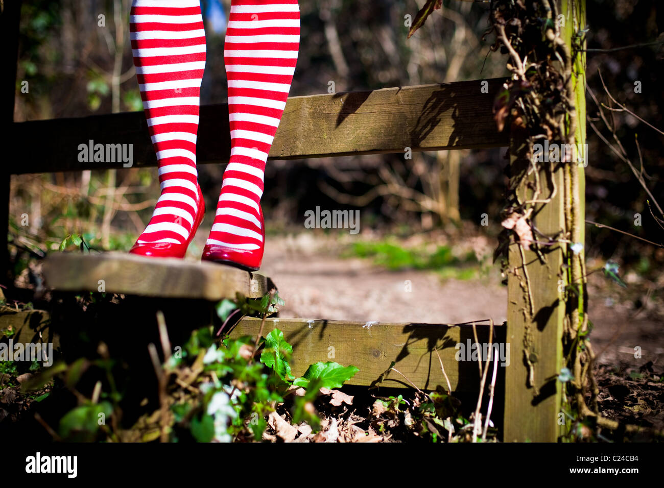 Woman wearing red stripy socks Stock Photo