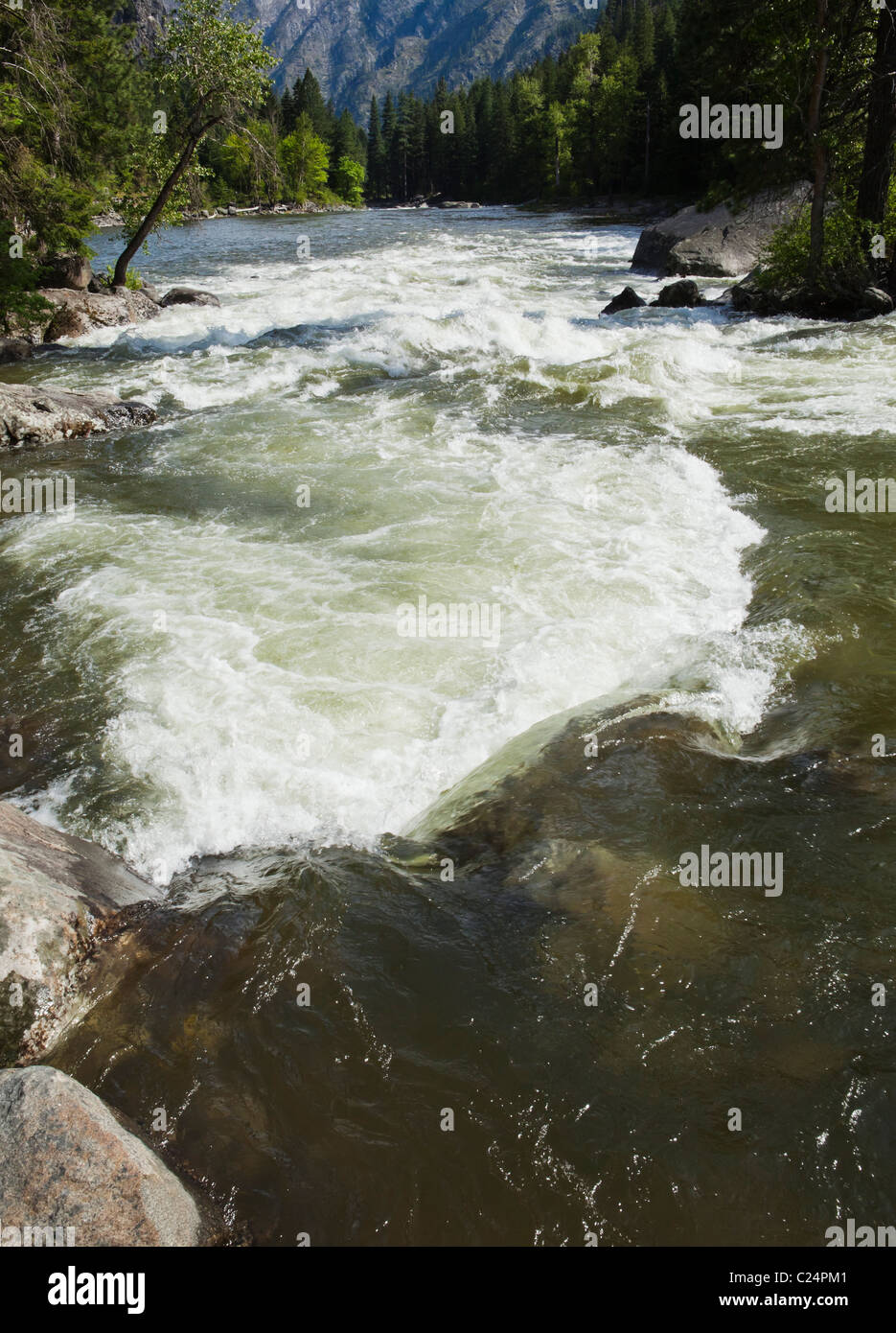 The Wenatchee River flowing down the Tumwater canyon in the Eastern Cascades of Washington State, USA. Stock Photo